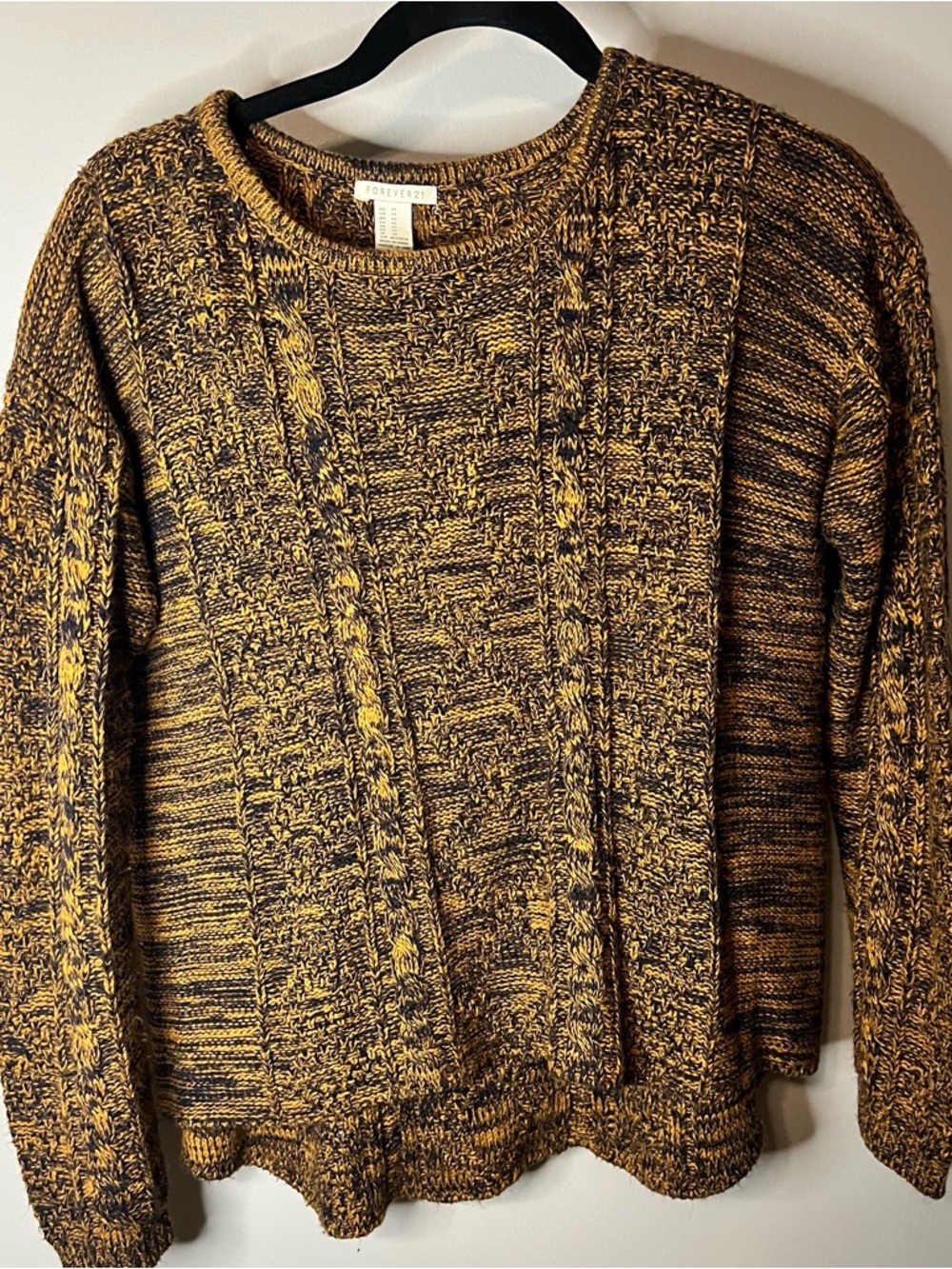 Forever 21 Black and Mustard Marled Cable Crewneck Sweater
